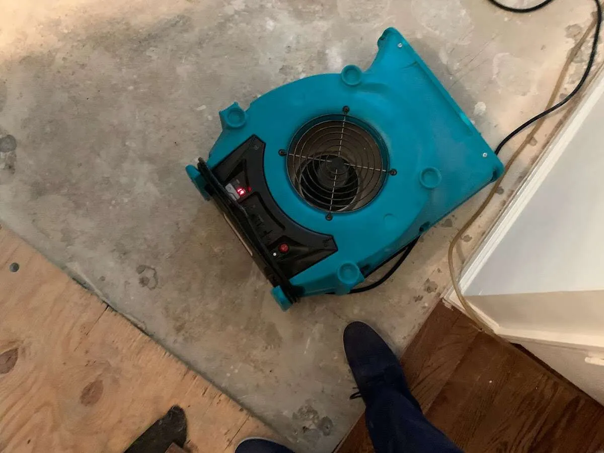 Air mover drying subfloor during Commercial Water Damage Restoration in Wilmington